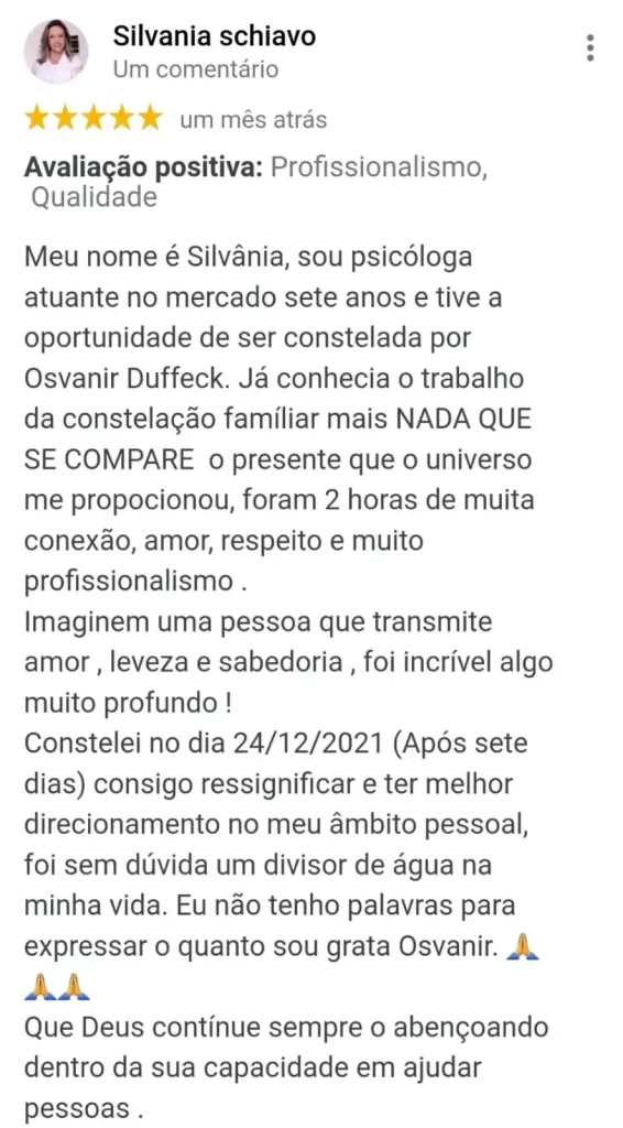 Avaliação 5 estrelas da psicóloga Silvania Schiavo